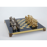 S16BLU шахматы "Manopoulos", "Спартанський воїн", латунь, у дерев'яному футлярі, сині, 28х28см, 3,4 кг