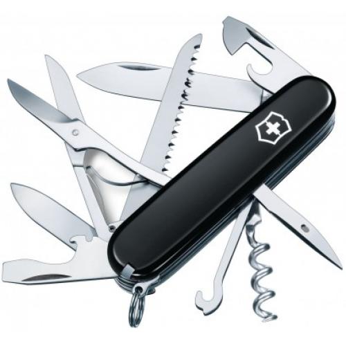 Средний швейцарский нож HUNTSMAN 91мм/4 слоя/15 функций/черные накладки/крюк/штопор/ножницы/пила (блистер) Victorinox Швейцария