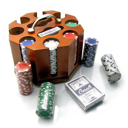 Покерный набор в деревянной подставке (200 фишек,2 колоды карт) (25х22х18 см), арт.19853